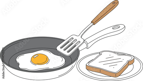 Fried Egg in Pan with Spatula and Toast on Plate Breakfast Illustration