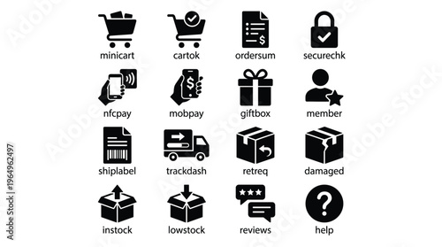 Set of 16 E-commerce Shopping Black Solid Icons Vector