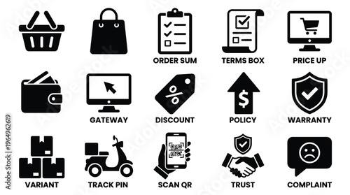 Set of 15 Black E-commerce Shopping and Delivery Vector Icons