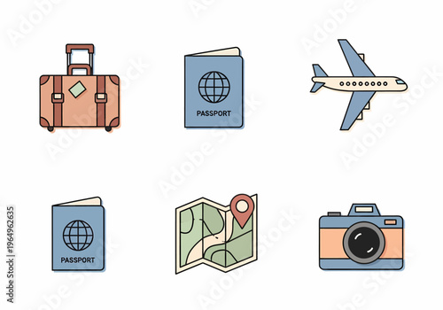 Travel icons with luggage and plane.