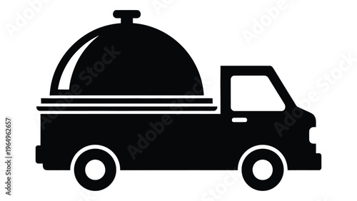 Black silhouette of a food truck with a covered serving dish