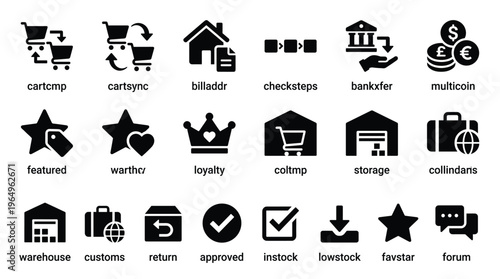 Set of 20 E-commerce and Business Solid Black Icons Vector