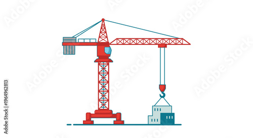 Red construction crane lifting object.