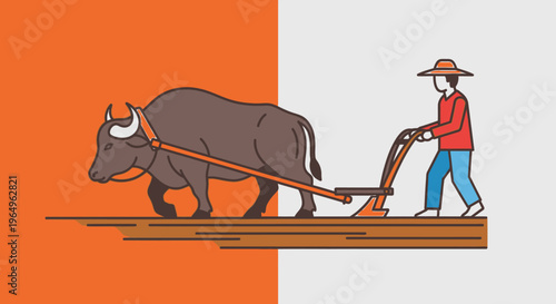 Man plowing field with brown oxen.