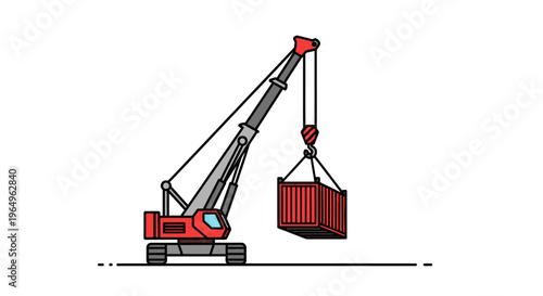 Red crane lifting a container.
