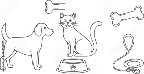 Dog and Cat Pets with Accessories Outline Line Art Vector Illustration