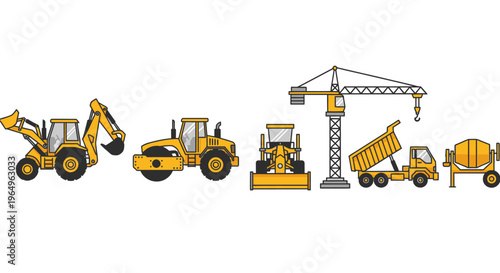 Yellow construction vehicles and equipment line up.