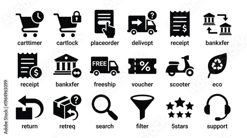 Set of 20 E-commerce Shopping Black Icons Vector