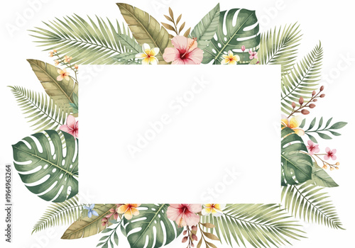 Tropical leaves and flowers border frame.