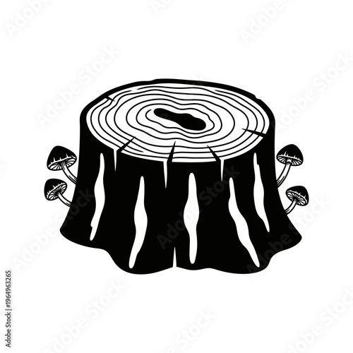 black and white tree stump with mushrooms