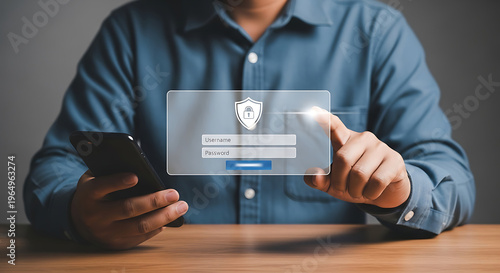 man in blue shirt using smartphone with digital security interface