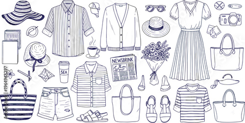 Summer vacation hand drawn doodle set with striped shirts sun hats beach bags sandals and pleated dress for holiday