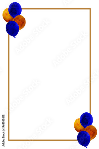Blue and gold balloons over a golden frame on a transparent background. Editable design ideal for invitations