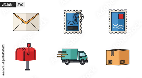 Mail Delivery Icons: Envelope, Stamps, Mailbox, Truck, Package
