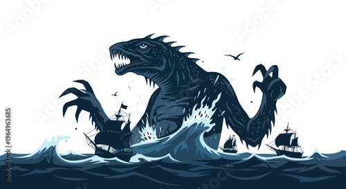 Canvas Print Mythical Sea Monster Attacks Sailing Ships in Stormy Ocean Waves