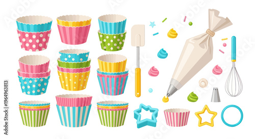 Baking Supplies: Cupcake Liners, Icing Bag, Whisk, Cookie Cutters, Sprinkles