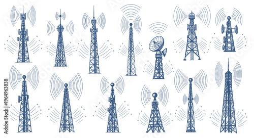 Collection of Communication Towers and Antennas with Signal Waves
