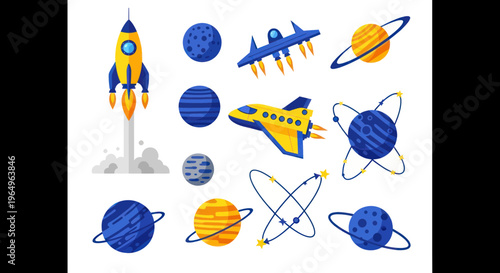 Colorful Space Rocket, Planets, and Spaceship Collection - Vector Illustration