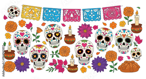 Day of the Dead Celebration: Sugar Skulls, Marigolds, Candles & Papel Picado Banner