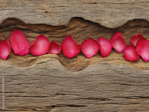 Wallpaper Mural Petals of Romance: A collection of vibrant, velvety rose petals resting delicately upon a weathered, rustic wooden surface. Torontodigital.ca