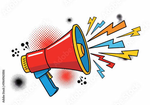 Vibrant Red Megaphone with Colorful Lights.