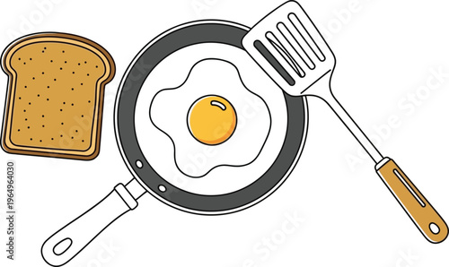 Fried Egg in Pan with Spatula and Toast Breakfast Illustration