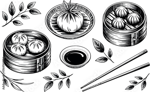 A traditional dim sum spread is presented with steamed buns in bamboo baskets and a cup of tea. Hand-drawn leaves and chopsticks complete the scene, suggesting a calm and cultural dining experience. 