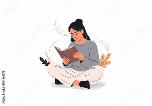 Woman sitting and reading book.