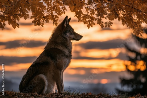 Lone Wolf at Sunset: An elegant wolf sits majestically, against the backdrop of a vibrant sunset, embodying solitude and the untamed spirit of nature.