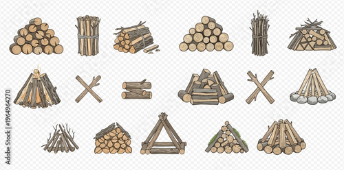 Set of various woodpiles and firewood stacks for camping and bonfires, isolated on transparent background.