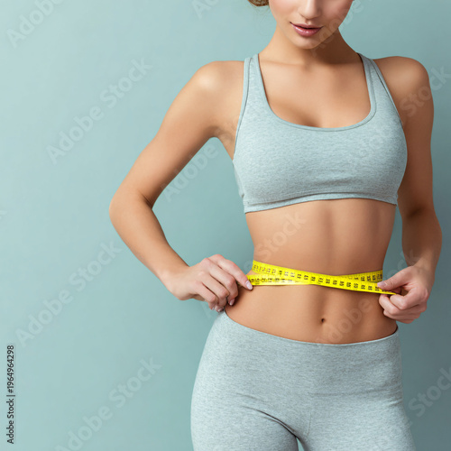 Fitness and body transformation concept with a woman measuring her waist over a plain pastel background and copy space.
