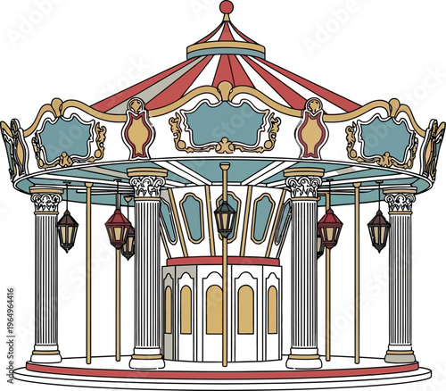 Vintage Carousel Merry Go Round Amusement Ride Illustration