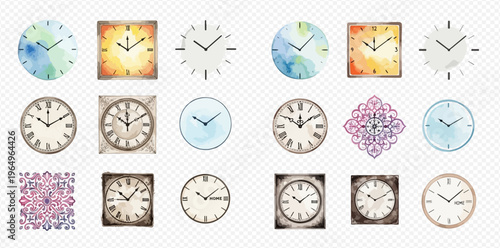 Collection of various watercolor clock designs and ornate patterns, perfect for decorative elements.