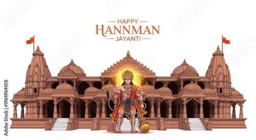 Foto Illustration of Lord Hanuman standing in front of a traditional Indian temple on