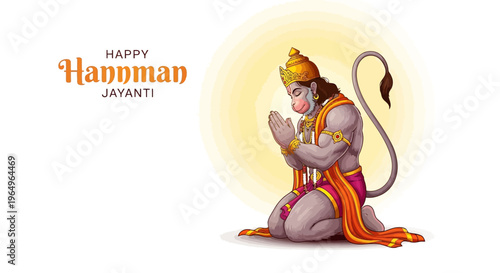 Illustration of Lord Hanuman kneeling in prayer with hands clasped, wearing an orange and yellow dhoti, against a bright yellow circular background with Happy Hanuman Jayanti text.