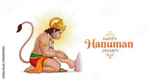 Illustration of Lord Hanuman sitting in a worshipful pose with a halo, celebrating Hanuman Jayanti in a vibrant and festive Hindu cultural setting.