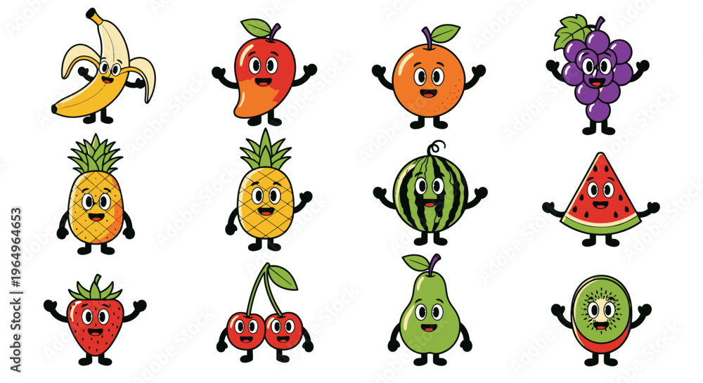 Obraz premium Cartoon fruits with smiling faces.