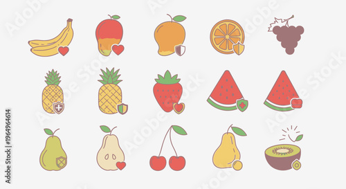Assorted colorful fruit icons illustration.