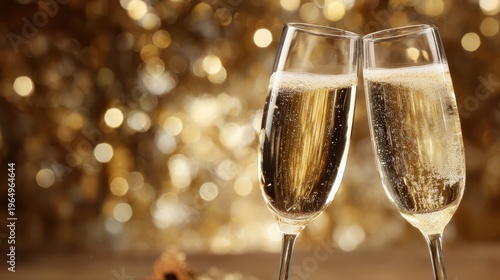 Cheers to Celebration: Two elegant champagne flutes clink together, overflowing with effervescent bubbly, against a backdrop of twinkling lights, symbolizing joy and festive spirit.