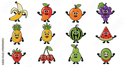 Cartoon fruits with smiling faces.