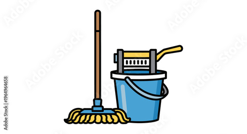 Cleaning bucket with mop and detergent.
