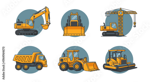 Collection of heavy construction vehicles icons.