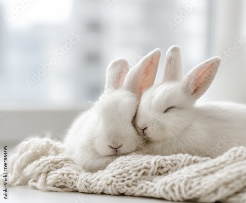 Wallpaper Mural Cuddling Rabbits: Two fluffy white rabbits snuggle together on a soft, knitted blanket, their eyes gently closed in peaceful repose, evoking feelings of serenity and contentment. Torontodigital.ca