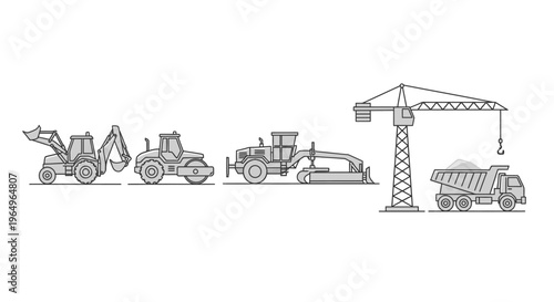 Heavy machinery construction vehicles illustration.