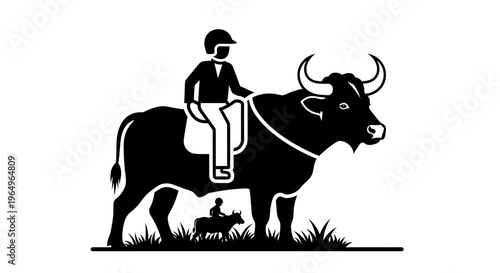 Man riding a bull with dog.