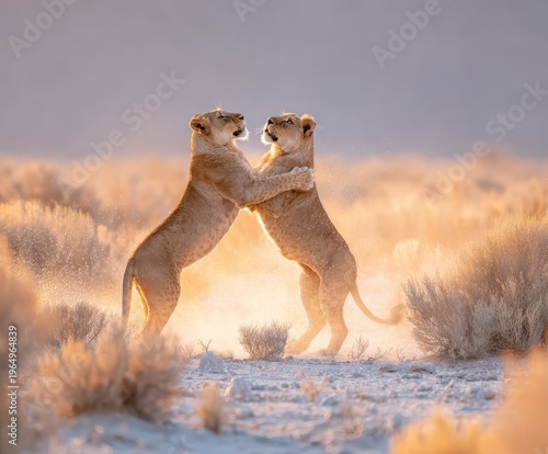 Wallpaper Mural Sibling Lions in Playful Embrace: Two lion cubs stand locked in a playful embrace, their interaction set against a backdrop of sun-drenched savanna, where the warm light bathes them. Torontodigital.ca