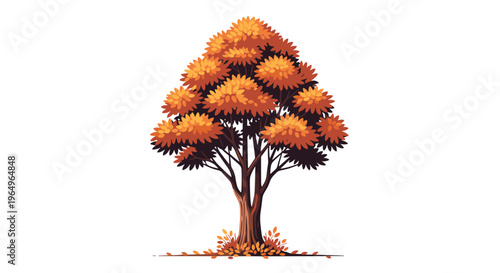 Tall autumn tree with dense orange and brown leaves standing alone against a plain white background in vector style.