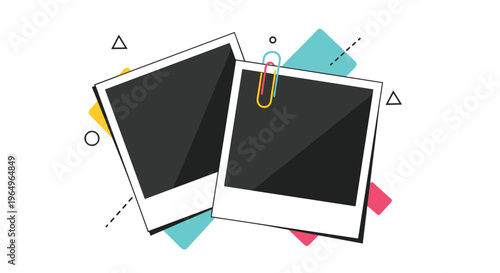 Two blank instant photo frames overlapping with a paperclip on a colorful abstract background for memory design.