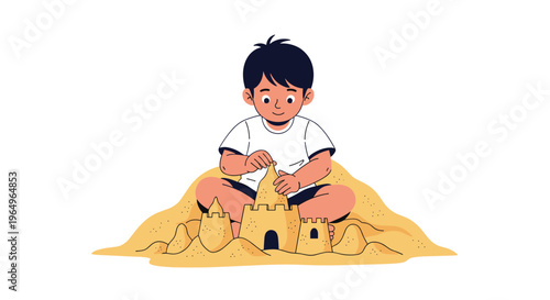 Young boy sitting on a pile of sand and carefully building a sandcastle on a white background with a happy smile.