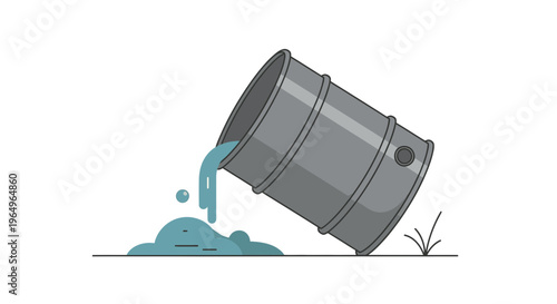Tilted Metal Barrel Leaking Blue Liquid Onto Surface, Isolated Graphic Illustration